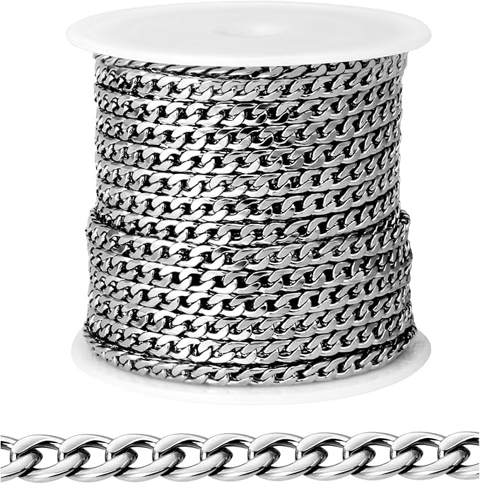 [33FT] Stainless Steel Curb Chains for Jewelry Making, 3.5mm Wide 304 Stainless Steel Cuban Link Chain Roll Bulk for DIY Jewelry Making Craft