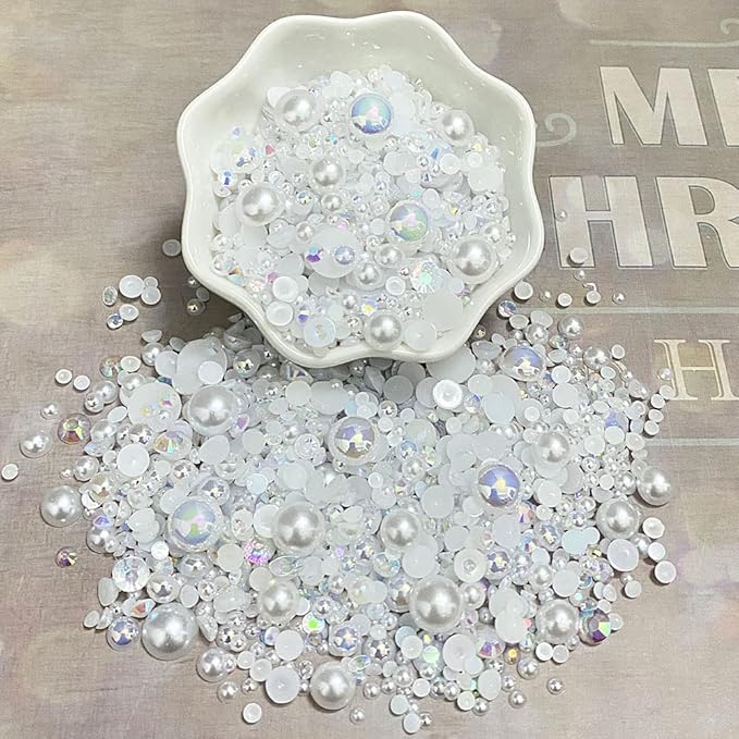 100g Mix Resin Rhinestones Flatback Half Round Pearls Mixed Size 3mm-10mm AB Color Half Pearls Resin Rhinestones for DIY Craft Nail Art Shoes Clothes Phone Case (White Series)