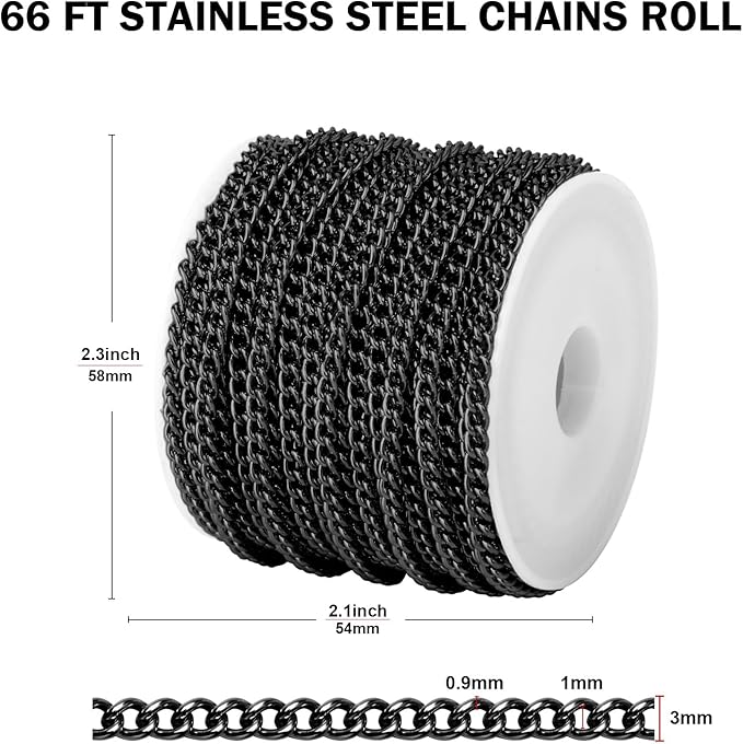 [66 FT] Black Curb Chains Bulk for Jewelry Making, 3mm 304 Stainless Steel Gunmetal Black Flat Twisted Links Curb Chains Roll Spool for Jewelry Making DIY Craft