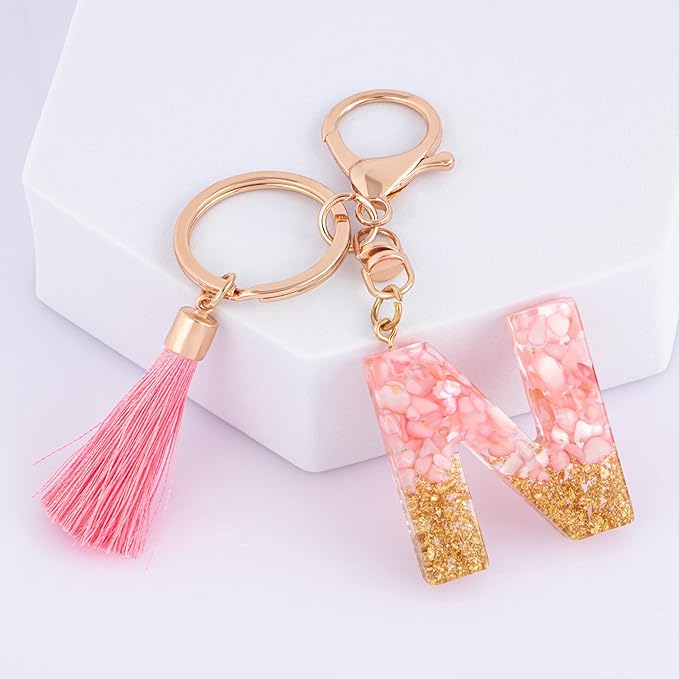 Suweibuke Cute Pink Key Chains for Women Girls, Initial Letter Keychains with Tassel, Charms for Key Purse Handbags Backpacks