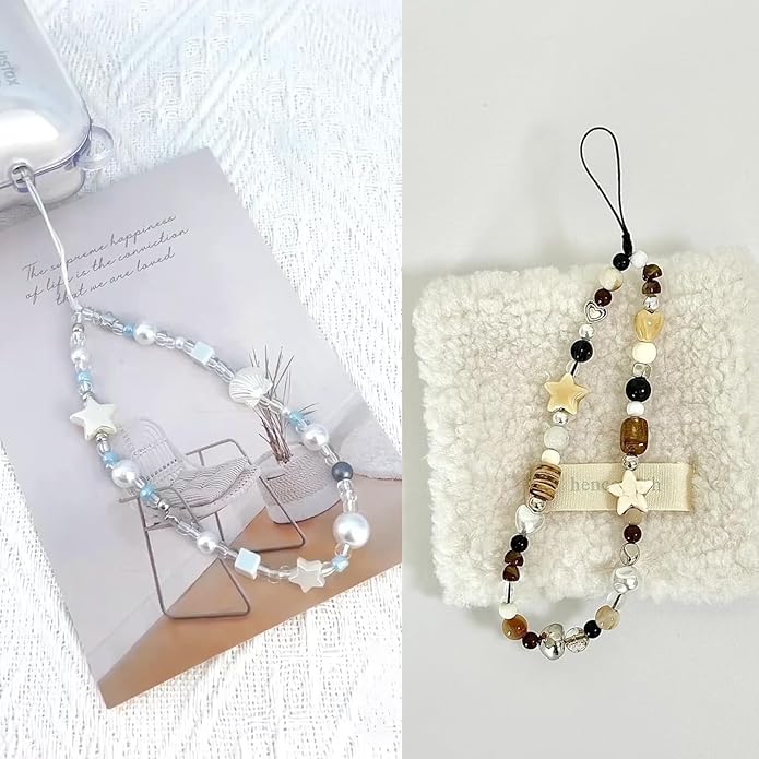2 Pcs Phone Charm Strap Hand Universal for iPhone Wrist Strap Camera Lanyard Pearl Beaded Cute Chain String Accessories Universal for iPhone 17 Pro Max Samsung Women Girls Phones Bag Keychain