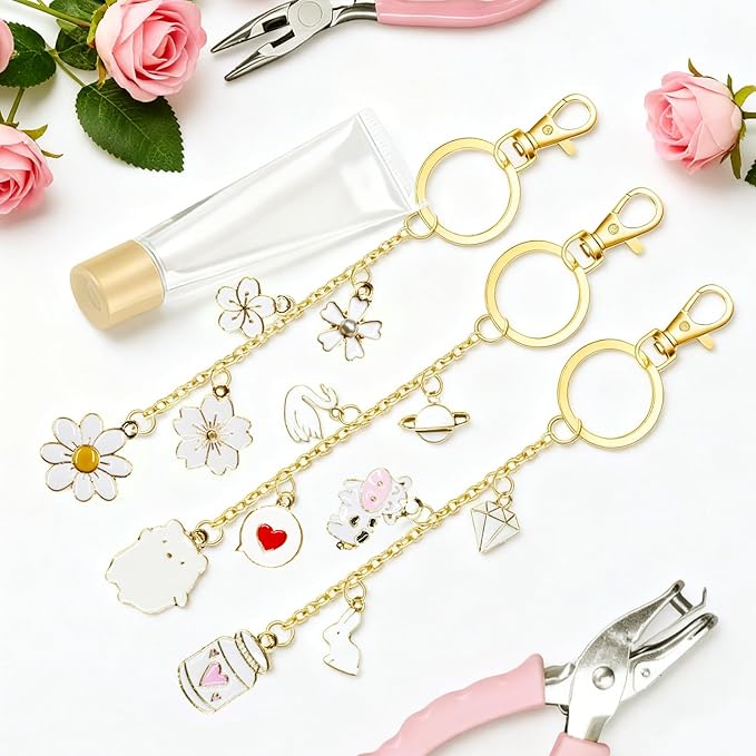 X-Kingsun 303 Pcs Lip Gloss Keychain Making Kit 100 White Lips Charms Jewelry Plier Keychains Clips Gold Extender Chains for Women DIY Crafting Making