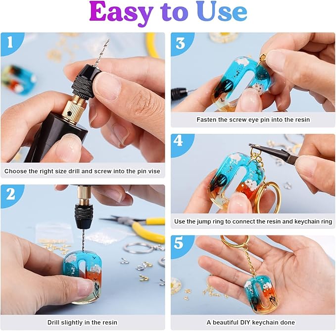 LET'S RESIN Electric Drill, 74Pcs Hand Drill with 3-Jaw Clamp-Applicable to A Larger Drilling Range (0-3mm), Keychain Making Kit, Jewelry Making Kit, Grip Nose Pliers, Jewelry tools, for Resin