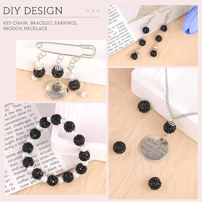 200 Pcs Black Rhinestone Beads for Jewelry Making, Sparkle Crystal Clay Christmas for Bracelet Baseball Necklace Earring Crafting and DIY, Shiny Round Shamballa Disco Ball Beads Bulk