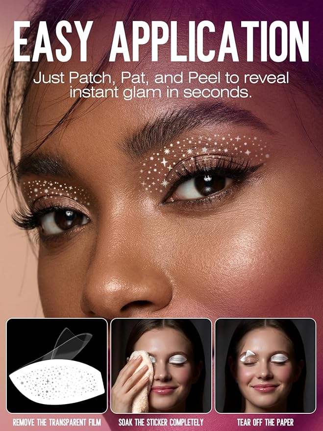Silver Eye Speckles & Glitter Freckles Eyeliner Stickers, Glow Up Makeup-Up Patches Stars Cute Makeup Accessories for Women, Cosmetic Glitter for Face(6 Pairs)