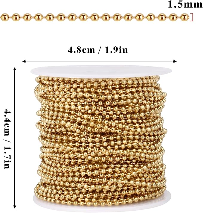 50FT 18K Gold PVD Plated Ball Bead Chains Roll, 1.5mm Gold Stainless Steel Ball Beaded Chains Spool with 30 PCS Connectors Bulk for Jewelry Making