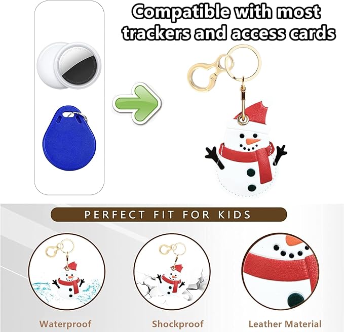 Leather Keychain Holder Case Compatible with AirTag,Cute Protective Cover with Keyring,Anti-Scratch Finder GPS Tracker Case for Wallet Keys,Bag,Pets(Snowman)