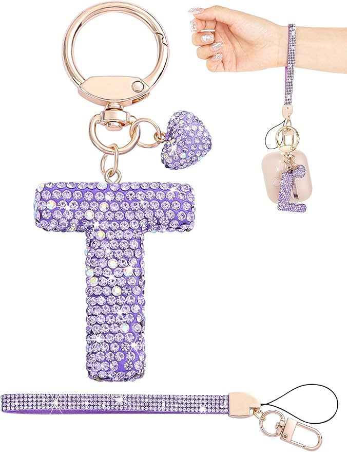 Initial Keychain for Women Girls,Bling Letter Key chain Initial with Heart,Pink Keychain Charms for Backpack Handbag