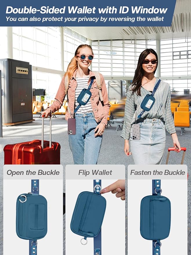 Clip and Go Strap for Phone with Wallet Crossbody Phone Lanyard Adjustable and Detachable RFID Wristlet Wallet with ID Window and Zipper, Blue