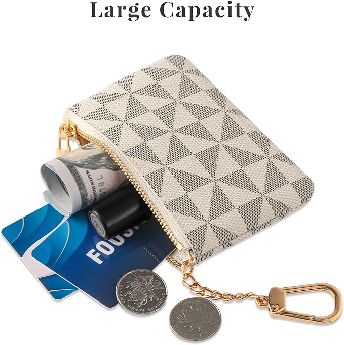 Leather Coin Purse for Women with KeyChain Small Zipper Change Purse coin Pouch Card Holder Wallet Clutch for Women & Men (White)