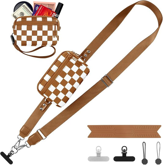 Clip and Go Strap for Phone with Wallet Crossbody, Adjustable Phone Lanyard with Detachable RFID Wristlet Wallet, Phone Strap with Phone Tabs for All Phones, Bronze Checkered (M)