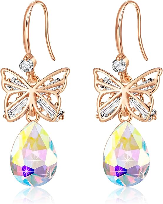 Austrian Crystal Teardrop Butterfly Drop Dangle Earrings for Women 14K Rose Gold Plated Hypoallergenic Jewelry