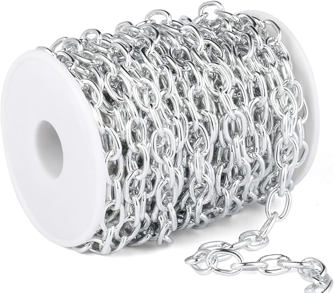 33 Feet Silver Rolo Cable Chains Roll, 9 MM Silver Plated Aluminium Oval Cable O Links Chain Bulk Spool for Jewelry Making DIY Craft
