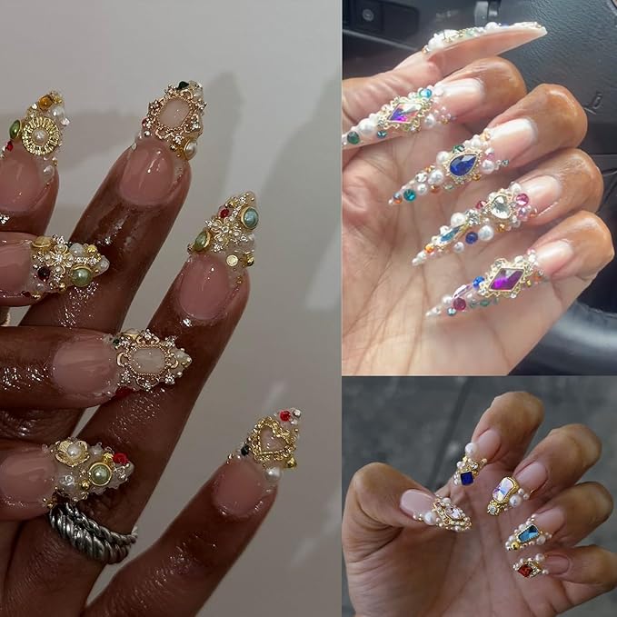 Luxury 3D Nail Art Charms Rhinestones, CYHYII 1 Box Metal Jewelry Nail Decoration Mixed Styles Colors Shiny Diamonds Vintage Pendants Nail Gems for Nail Decoration