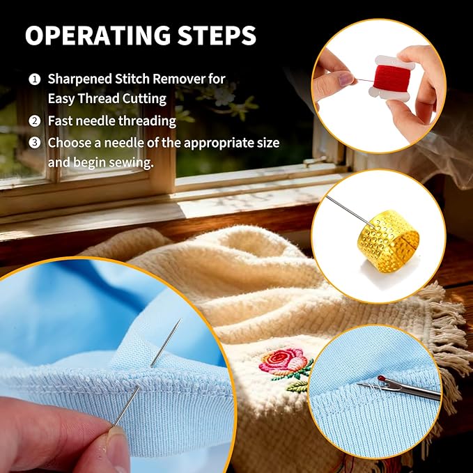 RZHHTTQ 41PCS Big Eye Stainless Steel Hand Sewing Needles Set, Large Eye Steel Needle Set for Hand Quilting, Denim & Daily Mending