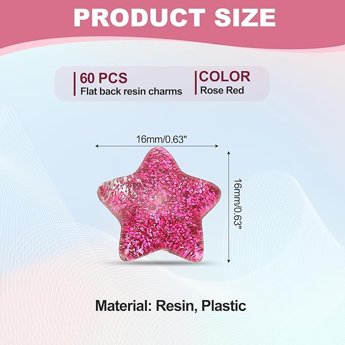PATIKIL 60 Pcs Flat Back Resin Charms, Glitter Star Charms Bulk Mini Star Shape Flat Back Beads Embellishments for DIY Crafts Phone Case, Rose Red