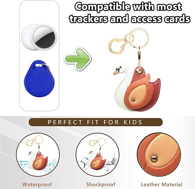 Leather Keychain Holder Case Compatible with AirTag,Cute Protective Cover with Keyring,Anti-Scratch Finder GPS Tracker Case for Wallet Keys,Bag,Pets(Swan Orange)