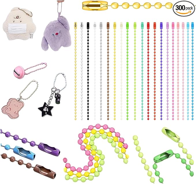 300Pcs 20 Colors Ball Bead Chain Ball Chain Keychain Dog Tag Necklace Chains Beaded Metal Keychain 2.4mm Beads Chains for Jewelry Making