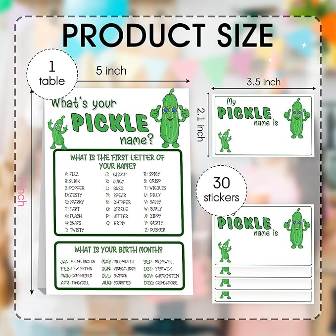 Pickle Party Decorations, Pickles Theme Birthday Party Sign for Boys Girls, Kids Activity Cards, What's Your Pickle Name Game, Activity Supplies