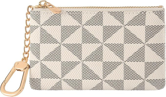 Leather Coin Purse for Women with KeyChain Small Zipper Change Purse coin Pouch Card Holder Wallet Clutch for Women & Men (White)