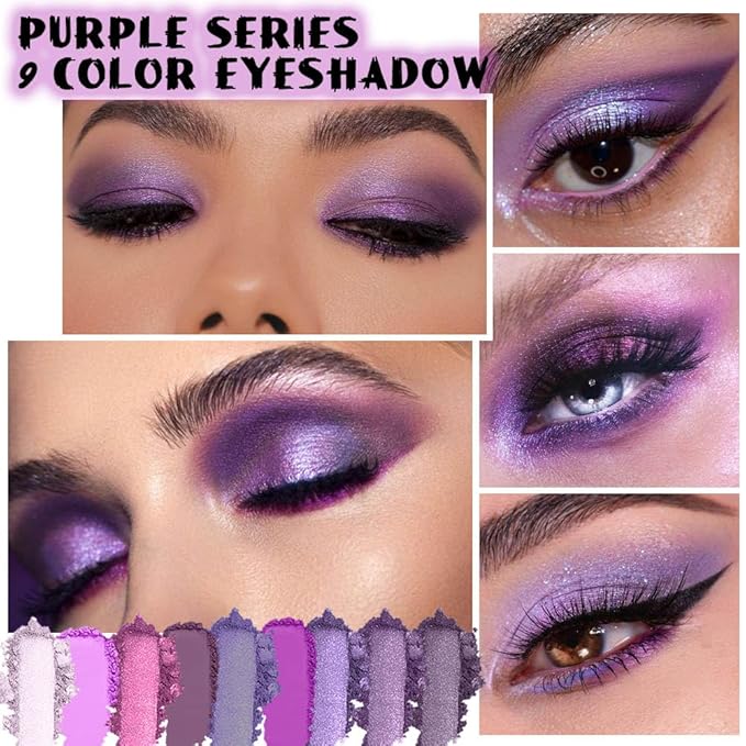 evpct 9 Colors Purple Glitter Eyeshadow Palette, Lavender Violet Purple Pink Glitter Metallic Shimmer Sparkly Eye Shadow Palette Makeup for Older Women Blue Eyes, Highly Pigmented Waterproof eyeshadow