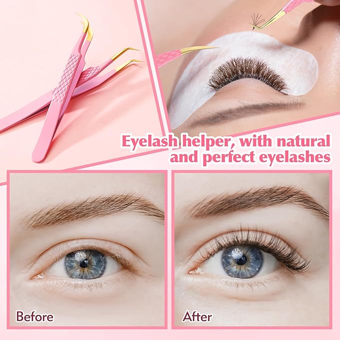 2PCS Professional Lash Tweezers Set, Bent & Straight Tip Precision Eyelash Extension Tweezers for False Lashes, Non-Slip Grip