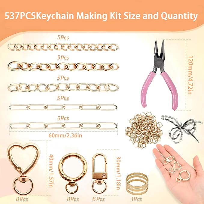 Thmxit 537PCS Charm Lip Gloss Keychain Making Kit with Charms, DIY Keychains Making Supplies Including 24 Keychain Clips, 25 Extender Chains, 198 Charms, Jewelry Plier Jewelry Making Kit for DIY