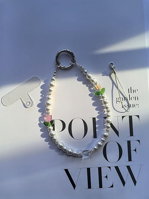 White Pearl Beaded Phone Bracelet wristlet,Cellphone Lanyard Charm Camera Wrist Strap with Pink and Blue Crystal Flowers, Green leaf, White and Pink