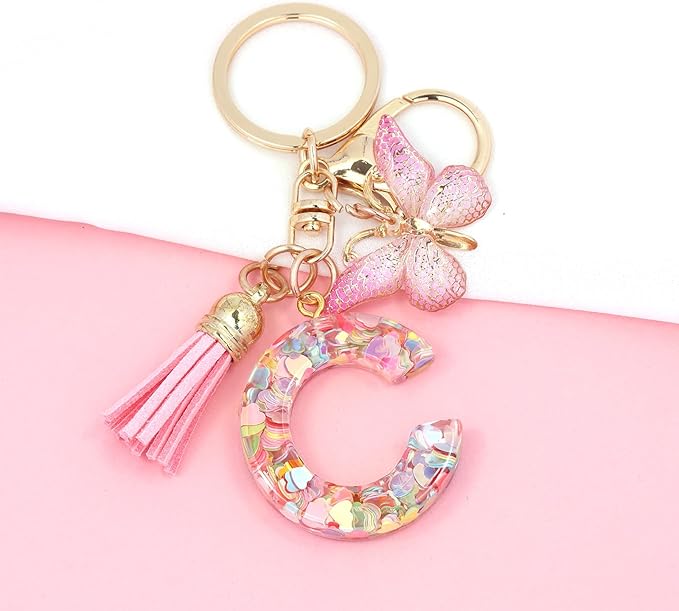 Fashion Alphabet Initial Letter Keychain Tassel Butterfly Pendant Key Ring for Purse Handbags Women Girl