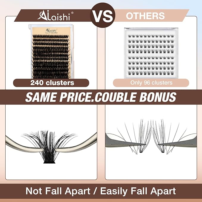 AILAISHI Lash Clusters Kit, DIY Cluster Eyelash Extensions 10‑20mm, 80D, 240pcs Fluffy D Curl Natural Lashes–Fake Cat Eye Individual Clusters