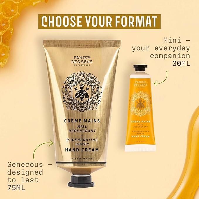 Panier des Sens - Small Hand Cream for Dry Cracked Hands – Honey Mini Hand Lotion for Dry Skin - With Shea Butter and Honey Extract - Hand Care 97% Natural Ingredients - Travel Size 1 floz