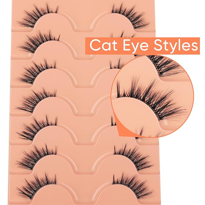 False Eyelashes Natural Half Lashes Wispy Manga Lashes C Curl Light Fake Eyelashes 7 Pairs Clear Band Pestañas Postizas by TOOCHUNAG