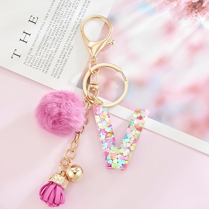 Resin Alphabet Initial Letter Keychain Keyring for Women Purse Handbags With Fur Ball Pom