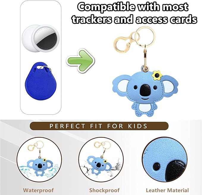 Leather Keychain Holder Case Compatible with AirTag,Cute Protective Cover with Keyring,Anti-Scratch Finder GPS Tracker Case for Wallet Keys,Bag,Pets(Koala Blue)