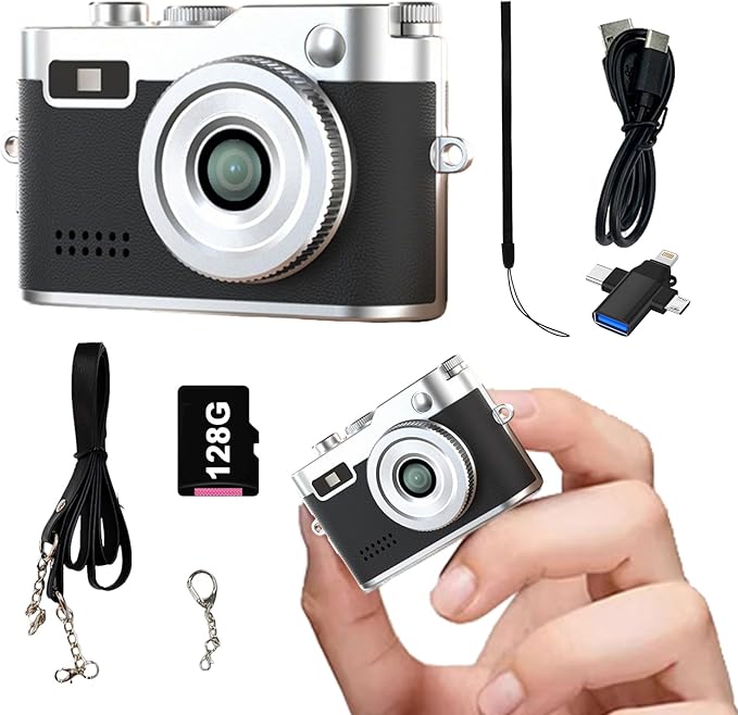 Keychain Retro Camera，Mini Micro Digital Tiny Digital Photo Camera，1080P FHD Tiny Portable Small Cameras Pocket Video Recorder，for Travel Study Recording (Black-128G)