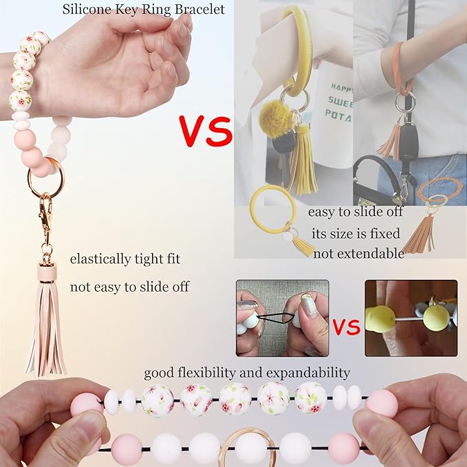 BIHRTC Key Ring Bracelet Car Keychain Holder Wristlet Silicone Women Beaded Bangle Chains
