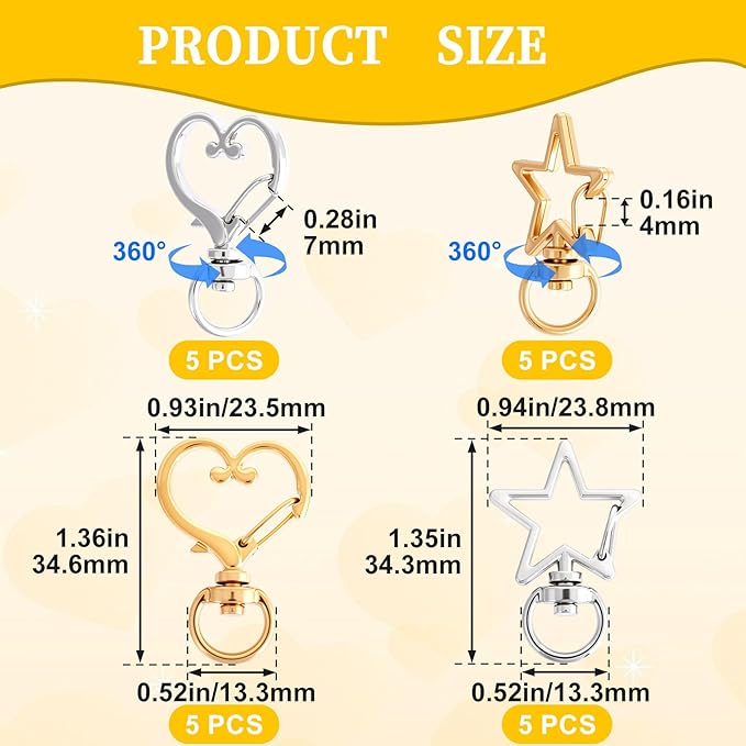 20pcs Heart Star Swivel Clasp Hooks, Heavy Duty Swivel Keychain Jewelry Clasp, Zinc Alloy Spring Snap Clip Lobster Claw Hanging Buckle for Key Bag DIY Crafts- Gold & Silver
