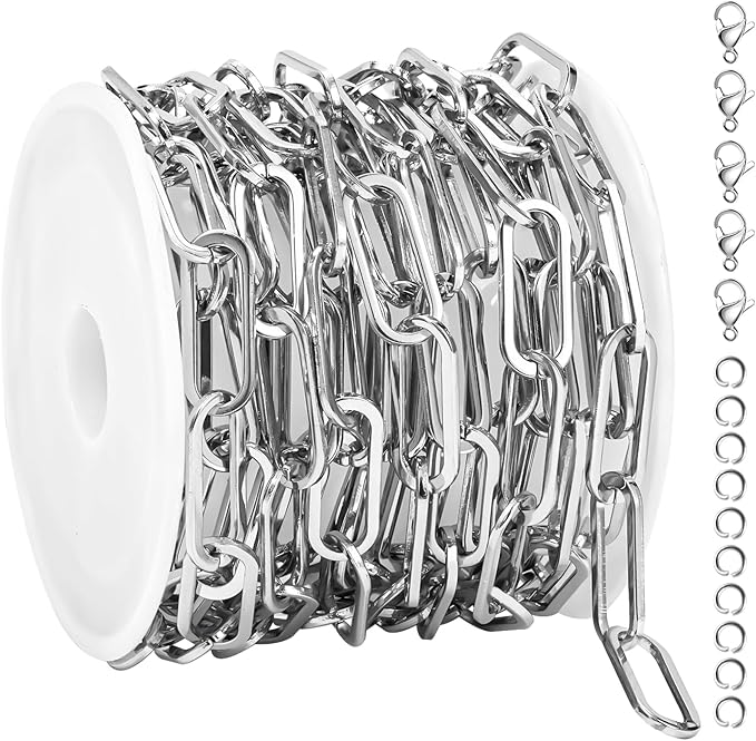 UMAOKANG 6.6 Feet Stainless Steel Chains for Jewelry Making Paperclip Link Craft Chain Roll with Jump Rings and Lobster Clasps