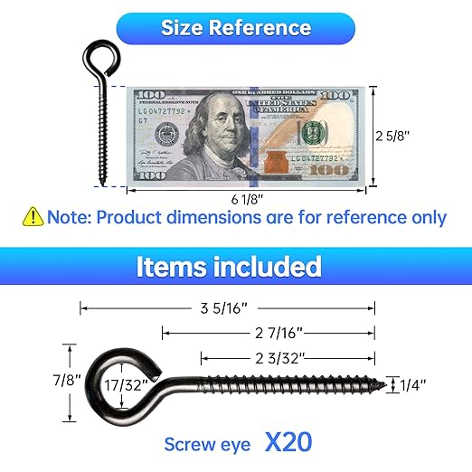 Muzata 20 Pack Black Eye Hooks Screw 3.3 Inch Stainless Steel Eye Screws for Wood M6 Heavy Duty Eyelet Eyehook Securing Cables Wire Self Tapping Indoor Outdoor CR18