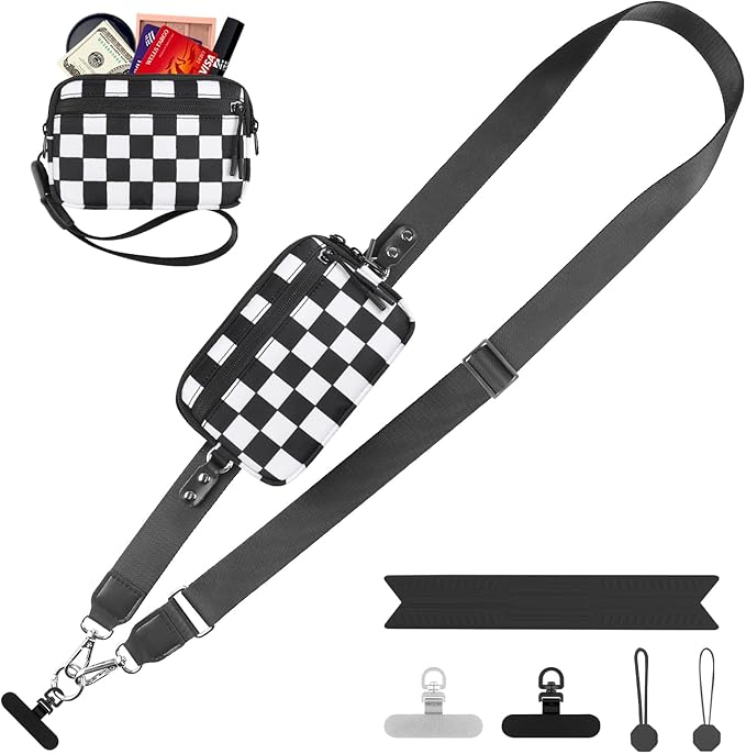 Clip and Go Strap for Phone with Wallet Crossbody, Adjustable Phone Lanyard with Detachable RFID Wristlet Wallet, Phone Strap with Phone Tabs for All Phones, Black Checkered (M)