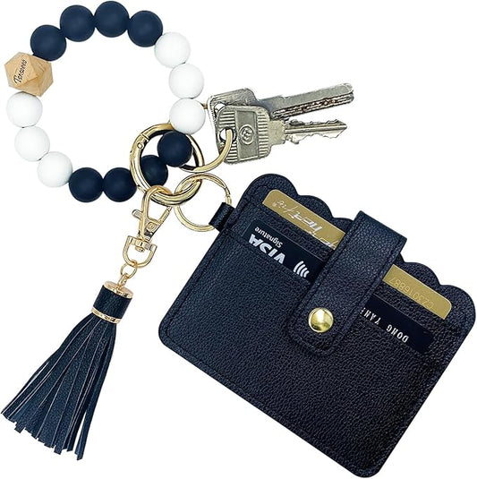 Keychain Wallet Wristlet Small Credit Card Holder Bracelet Key Chain Purse Bangle Tassel Beads Key Rings for Women