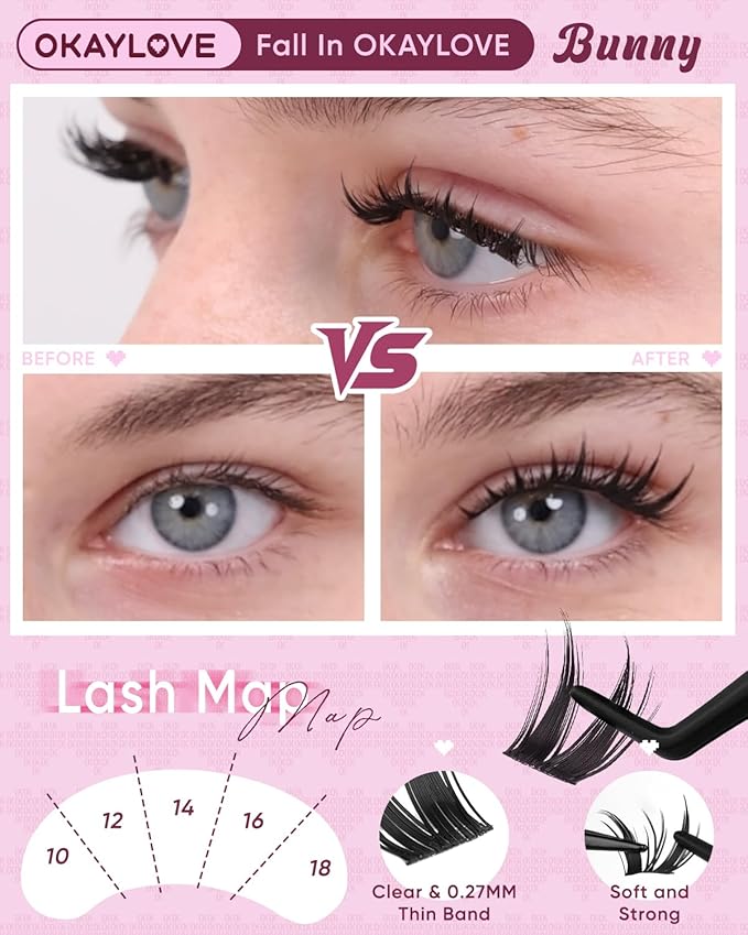 OKAYLOVE Manga Lash Clusters Kit, BUNNY 8-18mm Anime Cluster Eyelash Extensions Kit, 120pcs CC Curl Fairy Wipsy Lashes Clear Band Natural Eyelashes with Bond and Seal, Remover, Tweezers