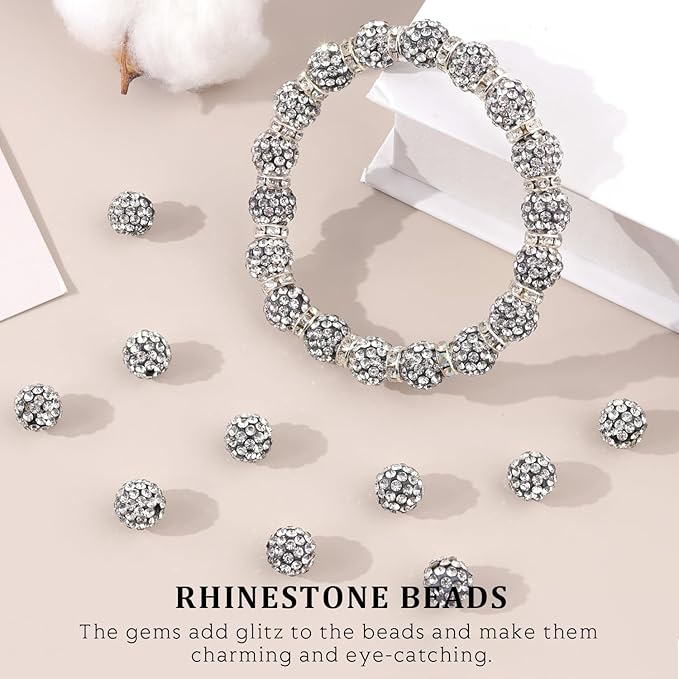 120pcs 10mm Rhinestone Beads for Jewelry Making, Black White Shiny Round Shamballa Disco Ball Beads, Sparkle Crystal Clay Christmas for Bracelet Baseball Necklace Earring Crafting and DIY