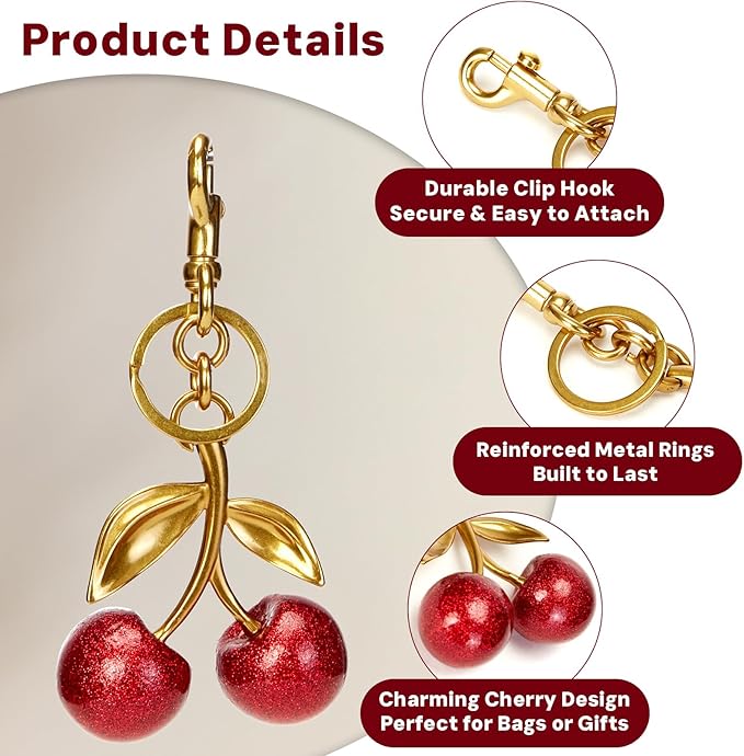 YDF Cherry Keychain Cute Bag Charm Women Leather Keyring Car Keys Gift Mother's Day Birthday Valentine's Purse Accessory