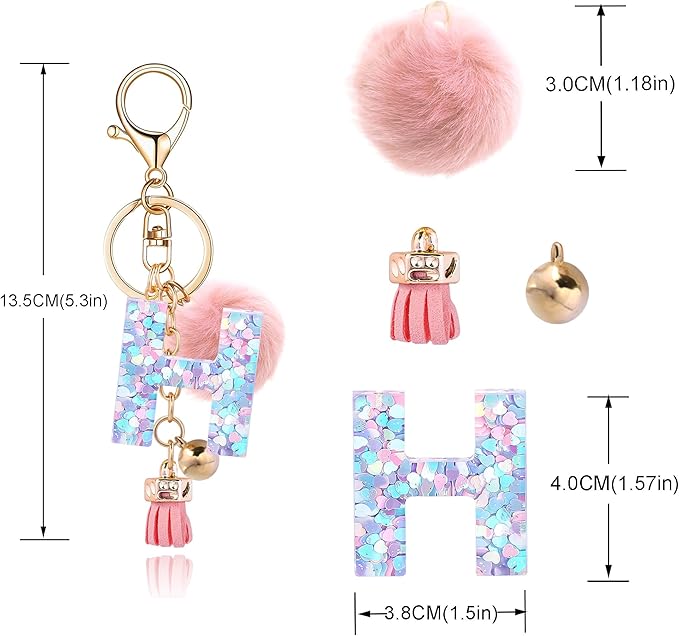 Resin Alphabet Initial Letter Keychain Keyring for Women Purse Handbags With Fur Ball Pom