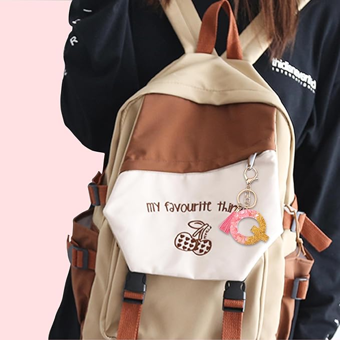 Suweibuke Cute Pink Key Chains for Women Girls, Initial Letter Keychains with Tassel, Charms for Key Purse Handbags Backpacks