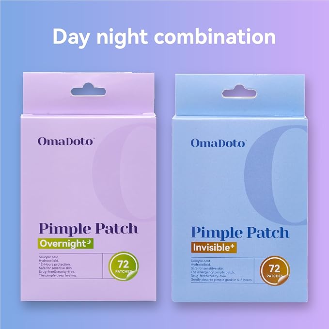 OmaDoto Day & Night Invisible Pimple Patches - (10mm & 12mm | 144 Count | 12 Sheets) - 2-in-1 Hydrocolloid Blemish Cover with Salicylic Acid, Absorbent & Protective Zit Stickers for Face