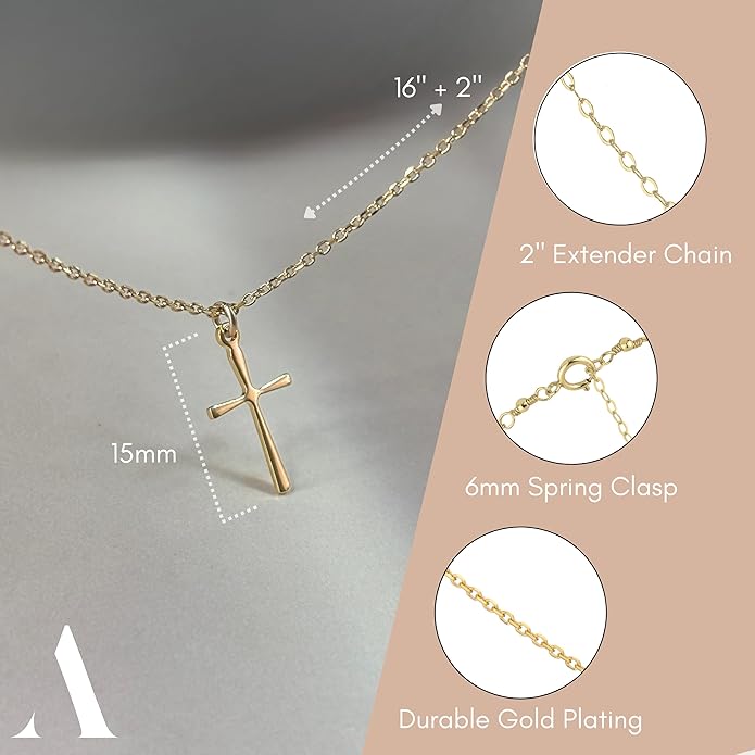 Annika Bella Cross Necklace for Women, 16-18 Inches Silver/Gold Chain, Women's Small Simple Cross Necklaces Religious Charm Jewelry, Faith Gift for Her