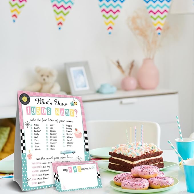 What's Your 1950's Name Game, 1 Double Sided Sign & 30 Sticker Cards, Retro Birthday Party Games for Kids & Adults, Perfect for 50's Sock Hop Themed Party Decorations,5x7 Inch