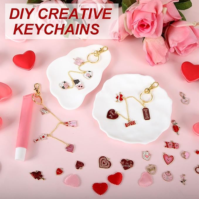 VioraWhite 213 Pcs Valentines Theme Lip Gloss Keychain Making Kit 100 Pink Enamel Charms 32.81 ft Gold Chains for Galentines DIY Crafts Women